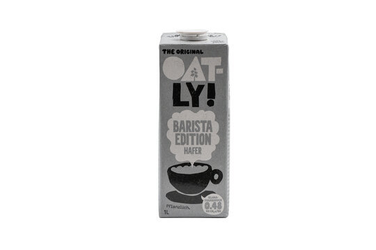 Germany Berlin November 6, 2025. Oatly Barista Edition front view. Front view of Oatly Barista Edition oat milk carton. Popular vegan milk alternative for coffee and daily use.