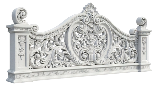ornate white carved headboard with intricate floral patterns and scroll details.