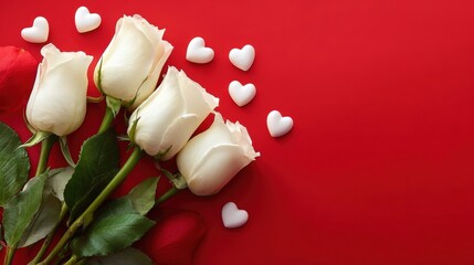 Red roses and heart shapes arranged on a vibrant red background, creating a romantic and festive composition ideal for Valentineâs Day or love-themed designs.
