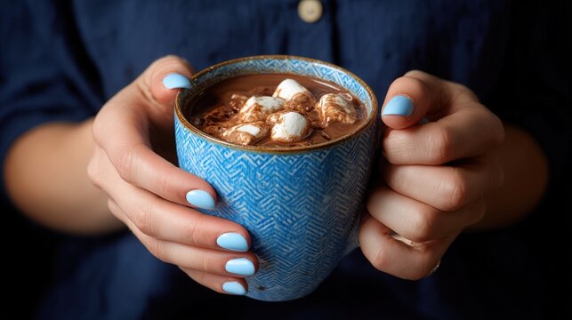 Close-up of hands holding a white cup filled with hot chocolate topped with marshmallows, warm beverage on a neutral background, cozy and inviting. - Powered by Adobe