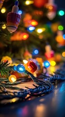 Christmas tree and garland on the background of colorful bokeh. Christmas Tree with Presents. Christmas. Merry Christmas Concept. Happy New Year Concept.