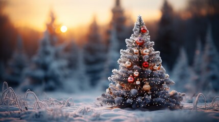 Christmas tree in the forest at night. New Year and Christmas concept. Christmas Tree with Presents. Christmas. Merry Christmas Concept. Happy New Year Concept.