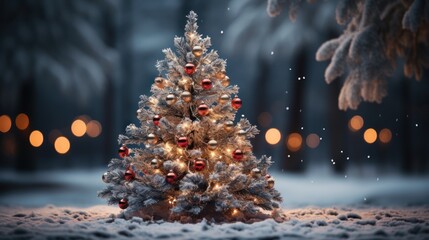 Christmas tree in snow with lights on background. Christmas Tree with Presents. Christmas. Merry Christmas Concept. Happy New Year Concept.