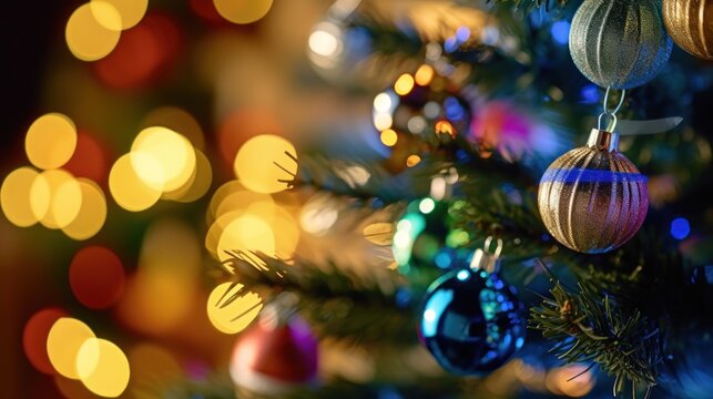 Christmas tree with colorful baubles on bokeh background. Christmas Tree with Presents. Christmas. Merry Christmas Concept. Happy New Year Concept.