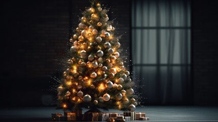 Decorated christmas tree in the living room with bokeh. Christmas Tree with Presents. Christmas. Merry Christmas Concept. Happy New Year Concept.