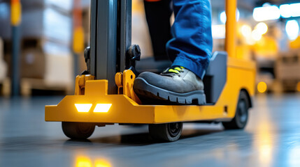 close-up of pallet jack moving heavy materials for delivery in indoor warehouse scene