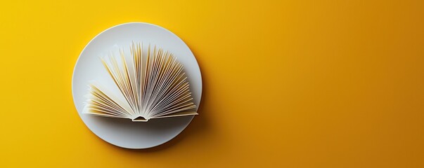 Open book placed on a white plate against a bright yellow background, symbolizing knowledge consumption and creative learning concepts