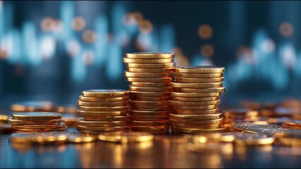 Male hand carefully withdrawing gold coins in columns with a stock market chart in the background - Powered by Adobe