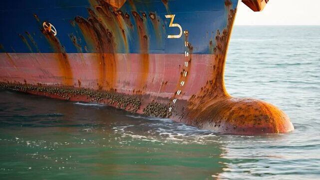 Rusty ship hull bow at waterline with barnacles and green ocean water detail