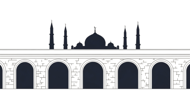 Silhouette of a Mosque Facade with Arches and Minarets graphic design isolated on a transparent background