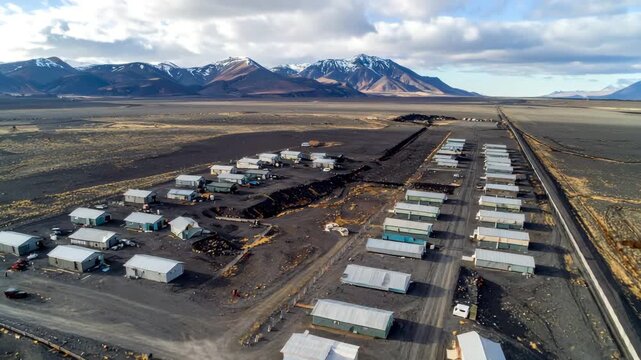 Aerial view of a remote research station or mining camp with modular buildings in a desolate mountain landscape