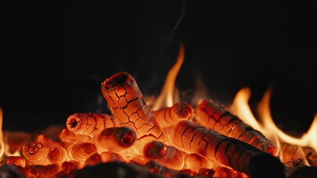 Close-up of glowing embers and flames in a fireplace, creating a warm and cozy atmosphere.