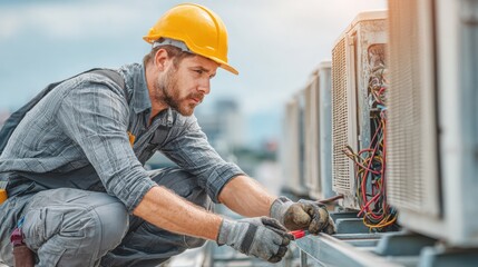 Construction worker wearing a white hard hat installing roofing materials on a residential roof under clear daylight sky.