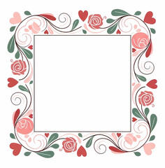 Bold, decorative square frame with stylized pink roses, dark green leaves, and vivid red hearts, featuring prominent scrolls and swirls.