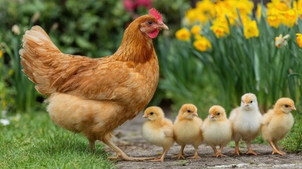 A giraffe and three chicks walking through a vibrant flower-filled meadow under bright daylight with a clear sky, perfect for nature and wildlife themes.