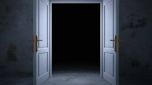 Mysterious white double doors opening into a pitch-black room in a dark, derelict building.