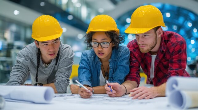 Three professionals wearing hard hats examine a large blueprint indoors, collaborating on construction plans in a well-lit modern workspace.