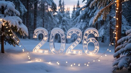 Illuminated 2026 Sign in a Snowy Winter Wonderland Forest Scene