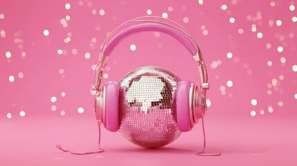 Pink disco ball with white headphones hanging on it, featuring a blurred disco ball background, ideal for music, party, and nightlife themes.