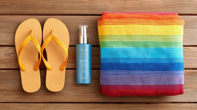 Close-up of summer essentials including a white towel, colorful flip flops, and sunscreen bottle on a light surface, perfect for beach or vacation themes. - Powered by Adobe