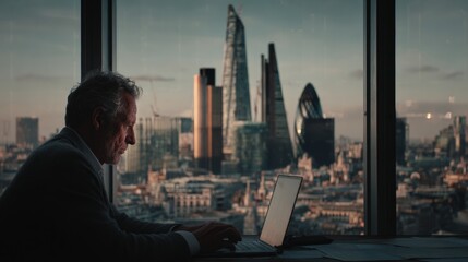 Middle-aged man in a dark suit working on a laptop near a large window with natural daylight, modern office setting, focused and professional mood.