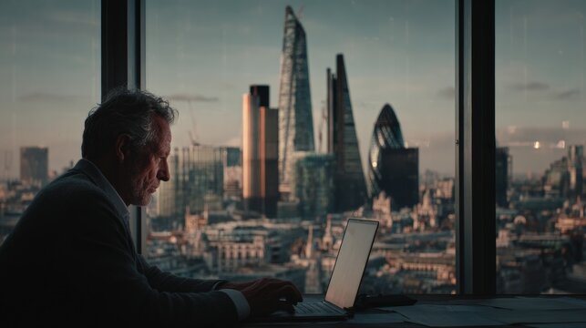 Middle-aged man in a dark suit working on a laptop near a large window with natural daylight, modern office setting, focused and professional mood. - Powered by Adobe