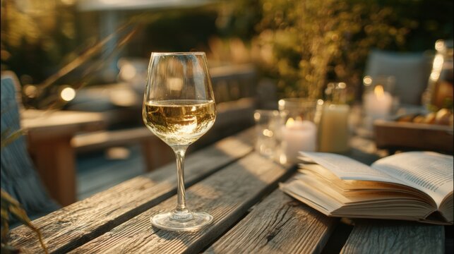 A glass of red wine rests beside an open book on a wooden table, set in soft natural light, creating a cozy and inviting reading moment.
