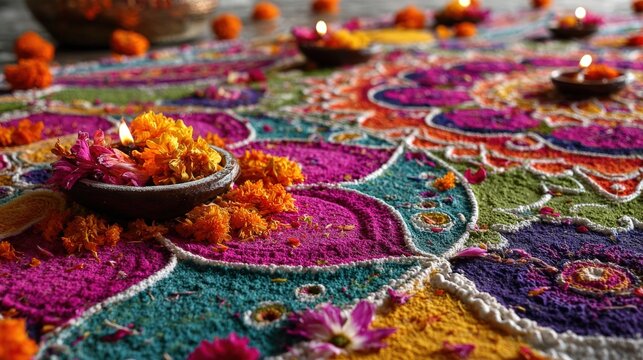 Vibrant rangoli design with lit candles and fresh flowers arranged on a wooden table, capturing festive decoration and warm ambient lighting.