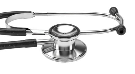 Close-up of a classic medical stethoscope with black tubing and a shiny metal chest piece isolated on a white background symbolizing healthcare and diagnostics.