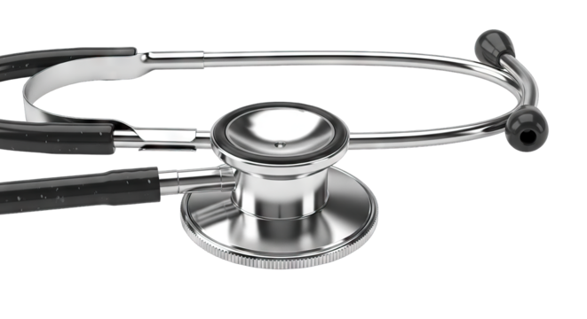 Close-up of a classic medical stethoscope with black tubing and a shiny metal chest piece isolated on a white background symbolizing healthcare and diagnostics.