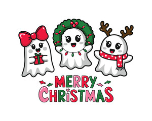 Kawaii Merry Christmas Ghost Illustration for Holiday Greeting Cards and Festive Designs