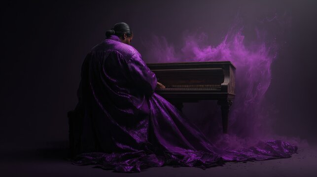 A man plays a piano with vibrant purple smoke swirling from his head against a dark background, creating a surreal and artistic nighttime scene.