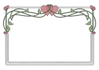 Rectangular Art Nouveau arch-style border top featuring two intertwined hearts, flowing green vines, and small pink flowers.
