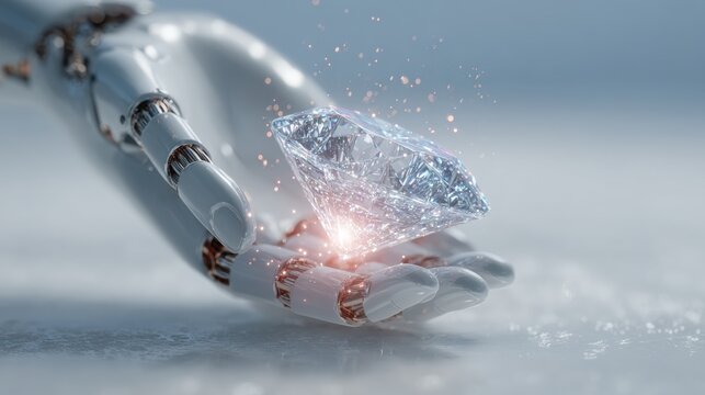 Close-up of a human hand and a robotic hand jointly holding a sparkling diamond against a dark background, symbolizing technology and luxury collaboration.