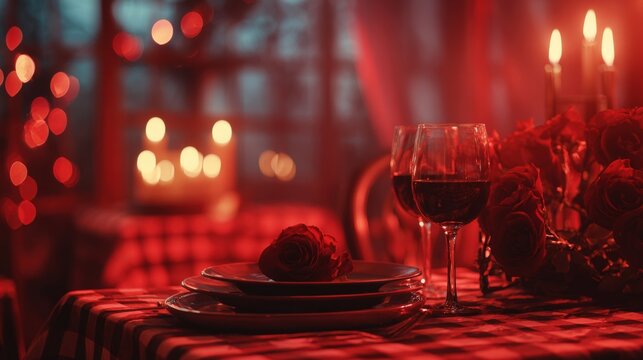 Soft candlelight glows behind a white plate holding a single red rose, creating an intimate and elegant ambiance ideal for romance or relaxation themes. - Powered by Adobe