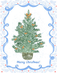 Vintage watercolor Christmas postcards. hand-painted festive illustrations with decorated trees, mistletoe, holly, ribbons, and charming retro details for greetings and invitations. © Yevheniia Poli