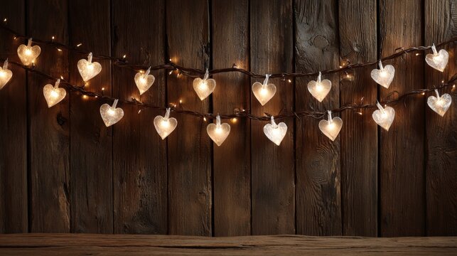 Red and pink heart decorations hanging from string lights against a rustic wooden wall, creating a charming and romantic backdrop for events or celebrations.