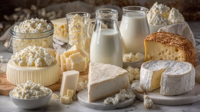 Assorted Araffy cheese and dairy products displayed on a wooden table with natural lighting, showcasing textures and packaging for food marketing or culinary use.