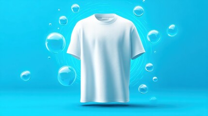 A folded white t-shirt featuring colorful bubbles printed on a vibrant blue background, ideal for summer-themed designs and creative product displays.