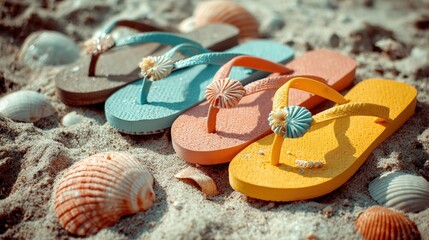 Colorful flip flops scattered on sandy beach under bright daylight, showcasing vibrant summer footwear arranged casually on natural shore background.