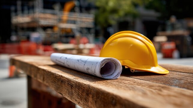 Yellow hard hat and rolled-up blueprint placed on a rustic wooden table, symbolizing construction planning and industrial design.