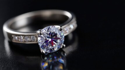 Close-up of an elegant diamond ring featuring a central sparkling diamond on a reflective surface with soft lighting and a blurred neutral background.