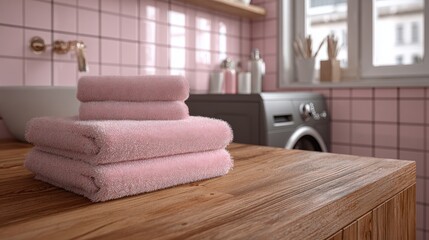 Soft towels neatly stacked on a white counter in a bright pink tiled bathroom with modern decor, perfect for spa or home interior themes.