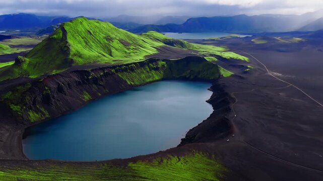 Aerial view shows a turquoise crater lake in Iceland highlands, black ash slopes, neon green moss ridges, a dirt road with small vehicles, and distant ranges under moody light.