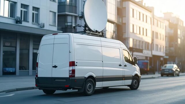 White delivery van modified with a large satellite dish mounted on its roof