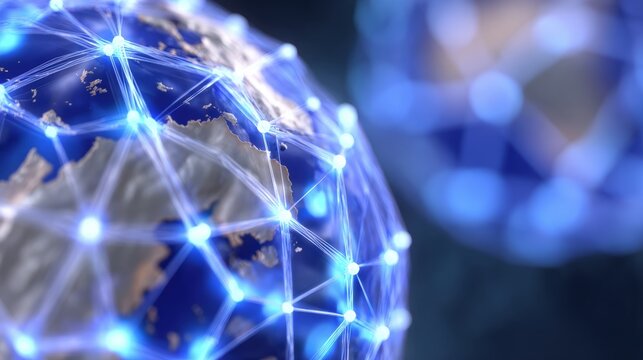 Close-up of a blue and white globe featuring a network of illuminated dots connecting global locations on a dark background, symbolizing worldwide communication.