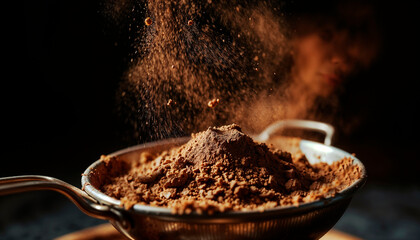 Cocoa and cinnamon powder being sifted through sieve, baking preparation concept