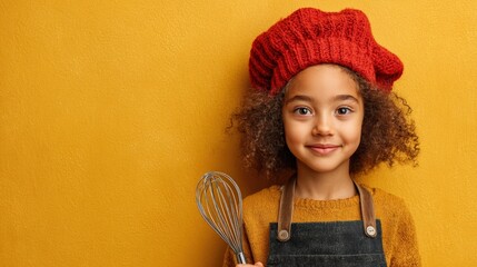 Young girl holding two metal whisks in a bright kitchen, preparing to bake or cook, with natural light and a clean background.