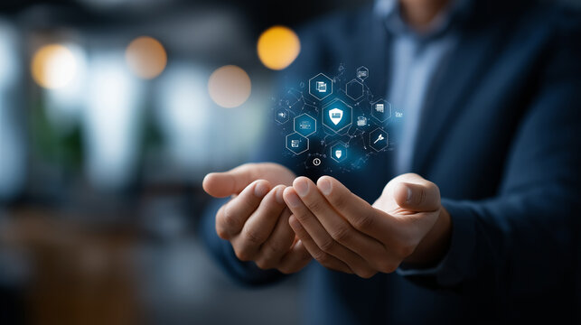 Faceless businessman's hands holding virtual risk management icons defocused corporate background business and operational security network financial risk mitigation strategies