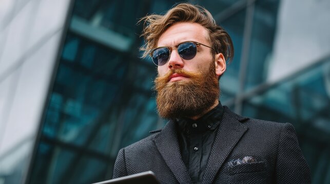 Bearded man wearing sunglasses and a casual jacket holds a tablet computer, standing against a neutral background in bright daylight.